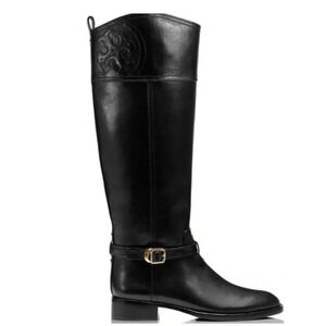 Tory Burch Marlene Black Leather Full Zip Knee High Riding Boots Buckle 8 550$‎